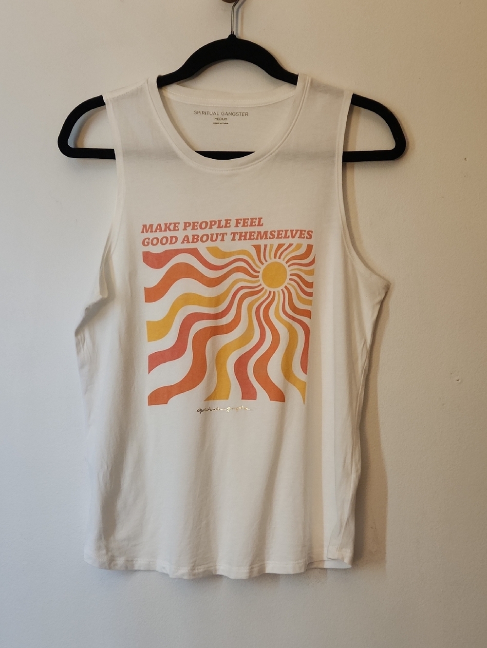 Spiritual Gangster White Tank with Orange & Yellow Retro Sun Graphic, Size M